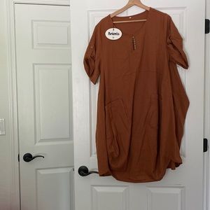 Mordenmiss Women's Cotton Linen Dress Roll-up Sleeve Baggy Sundress with Pockets